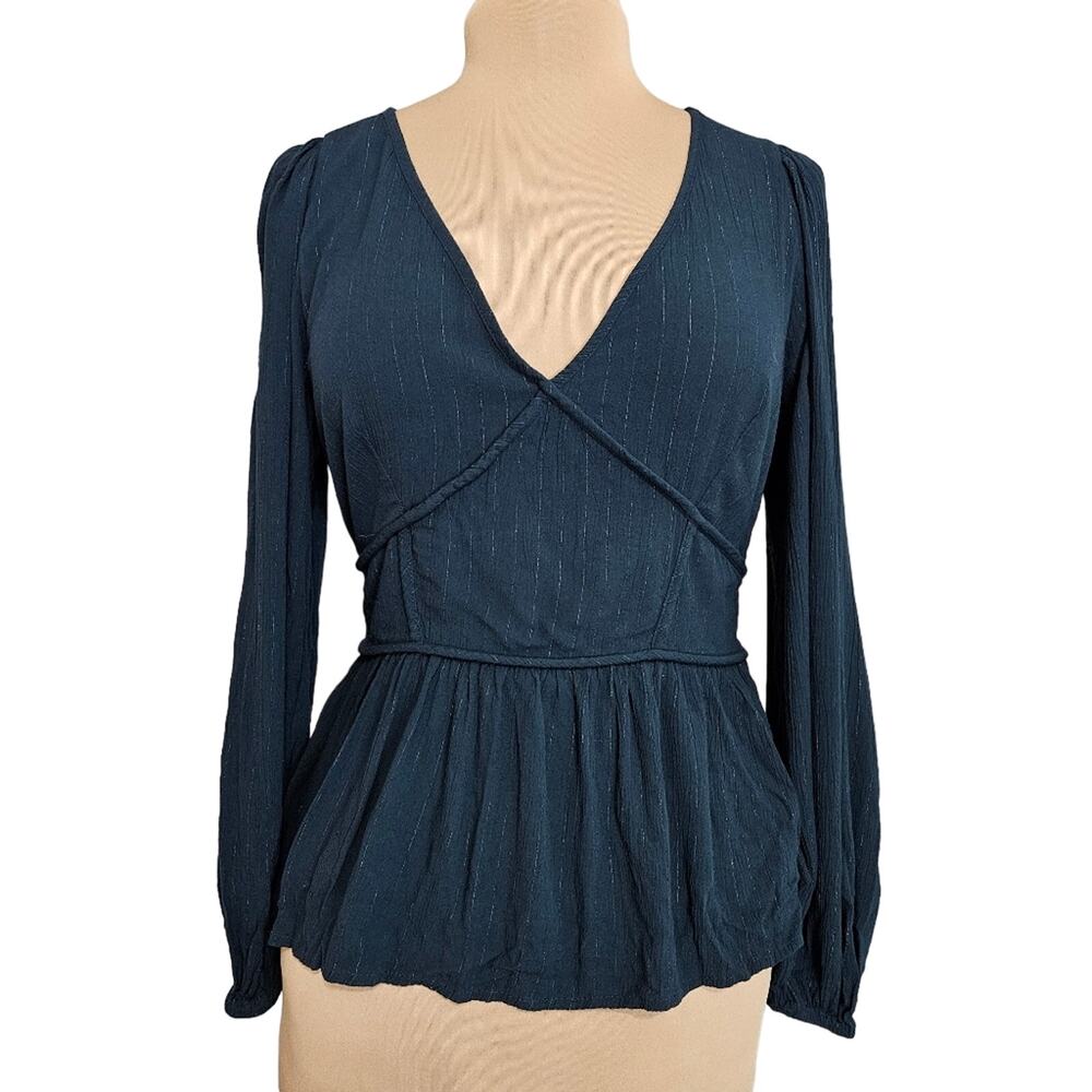 Knox Rose Top Womens Small Peplum Hem Metallic Silver Teal V Neck Smocked Waist